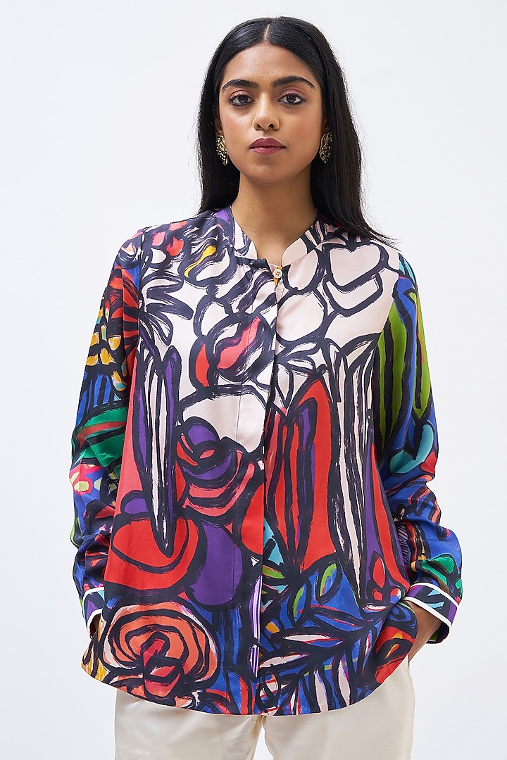 Multi-Colored Silk Twill Printed Shirt by Kshitij Jalori at Pernia's Pop Up Shop