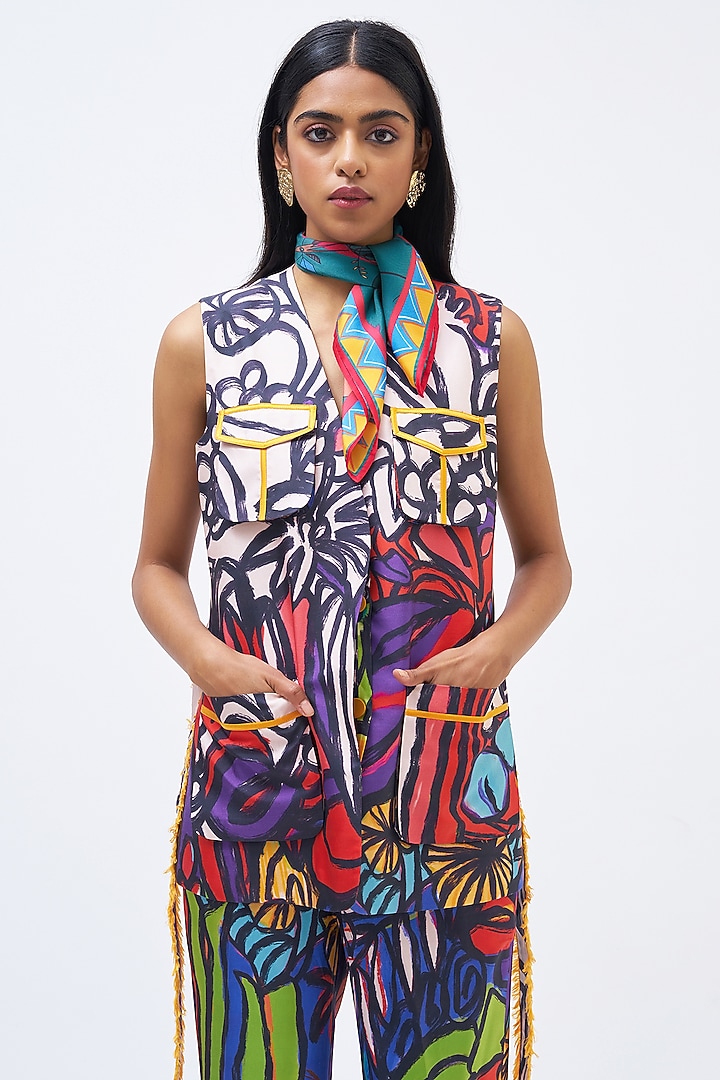 Multi-Colored Silk Twill Printed Pant Suit Set by Kshitij Jalori at Pernia's Pop Up Shop