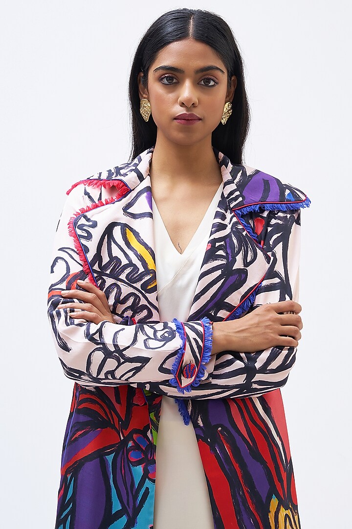 Multi-Colored Silk Twill Printed Trench Jacket by Kshitij Jalori at Pernia's Pop Up Shop