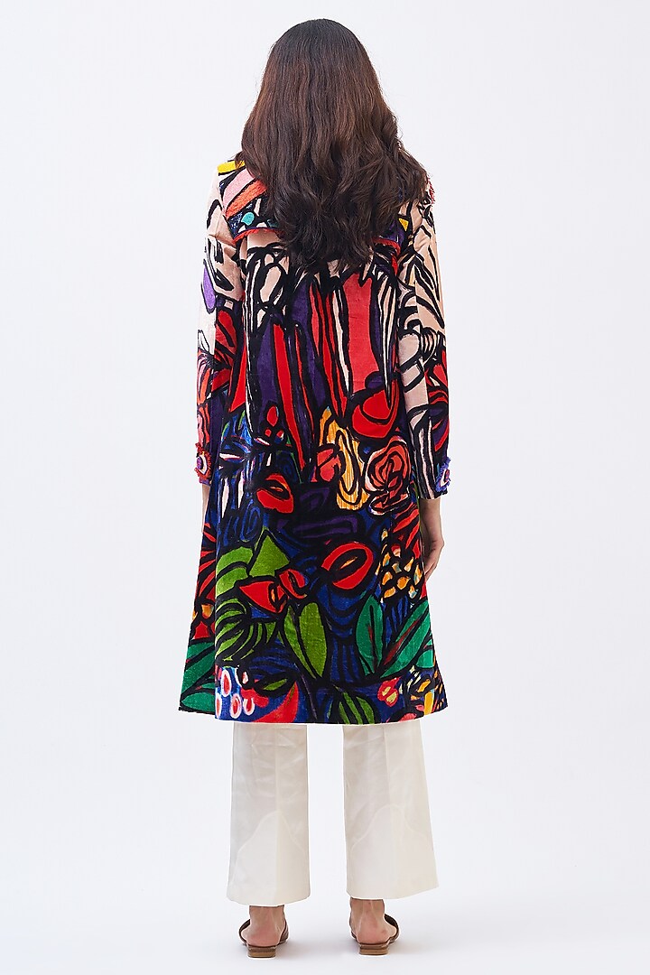 Multi-Colored Silk Velvet Printed Trench Jacket by Kshitij Jalori at Pernia's Pop Up Shop