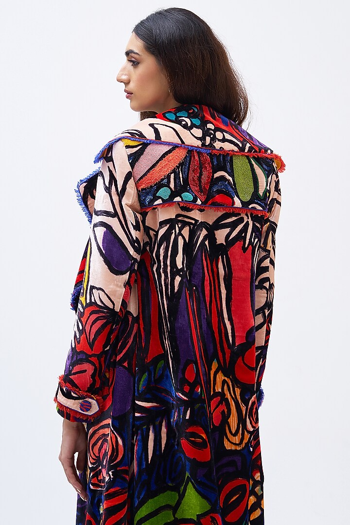 Multi-Colored Silk Velvet Printed Trench Jacket by Kshitij Jalori at Pernia's Pop Up Shop