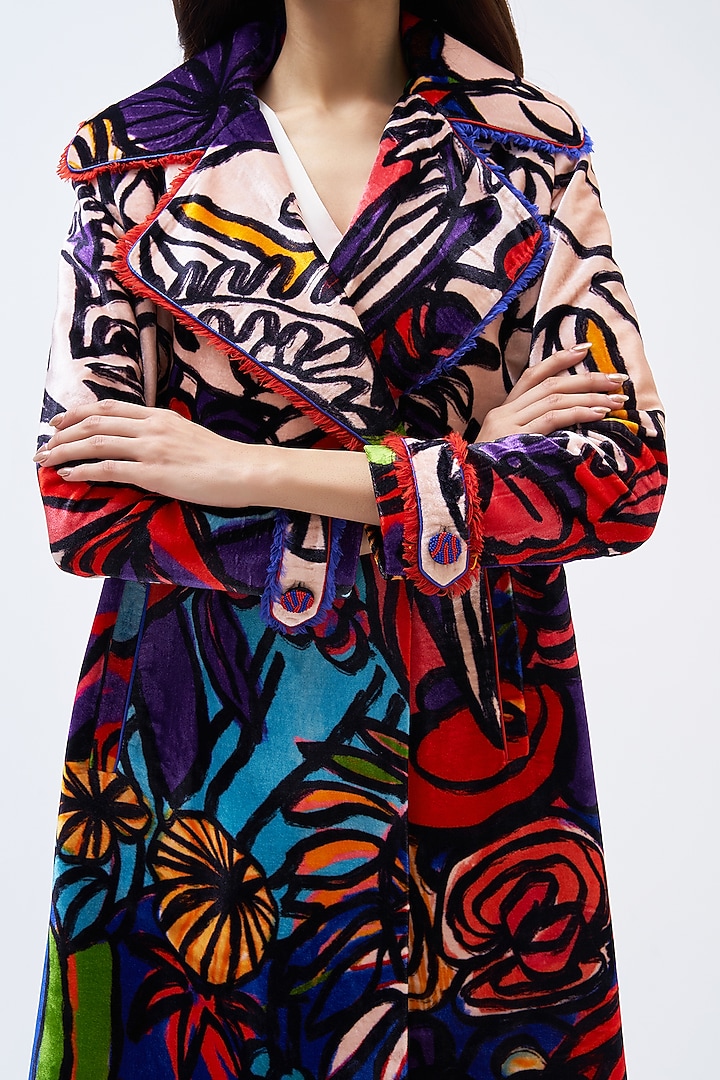 Multi-Colored Silk Velvet Printed Trench Jacket by Kshitij Jalori at Pernia's Pop Up Shop