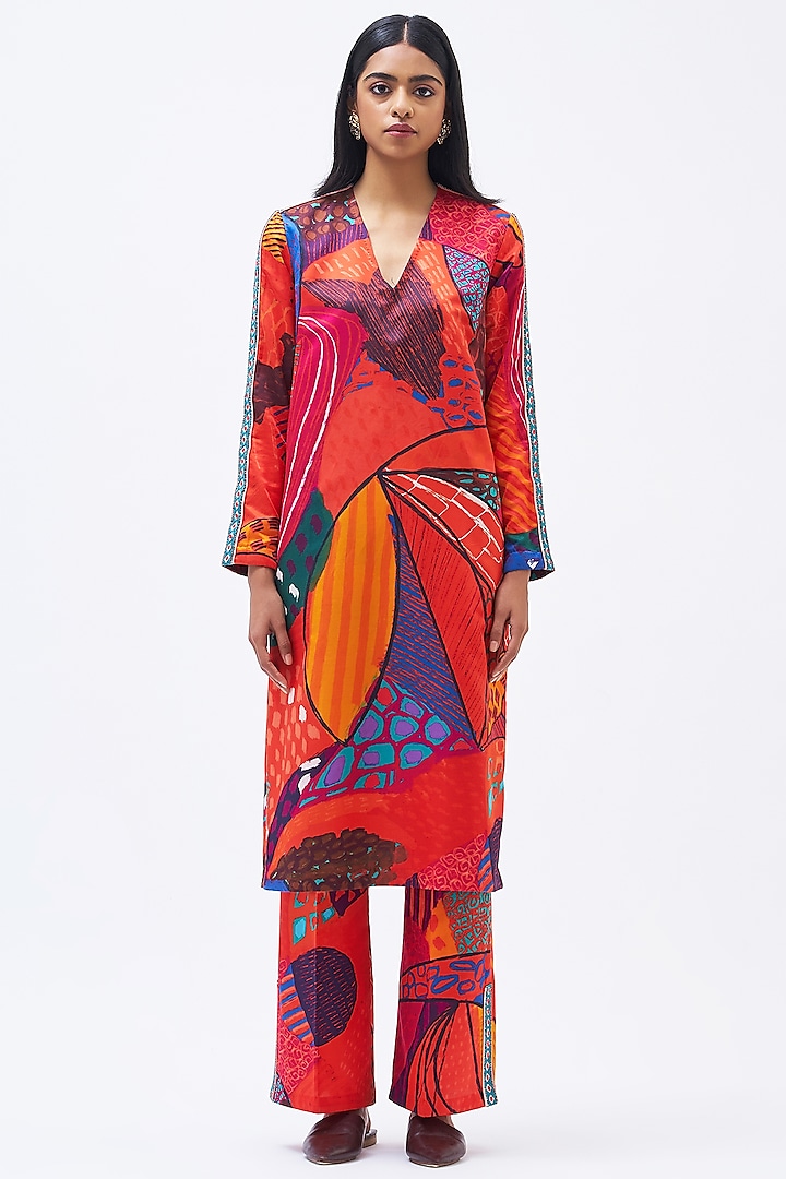 Multi-Colored Cotton Silk Satin Printed Kurta Set by Kshitij Jalori at Pernia's Pop Up Shop