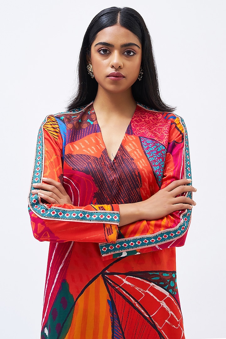 Multi-Colored Cotton Silk Satin Printed Kurta Set by Kshitij Jalori at Pernia's Pop Up Shop