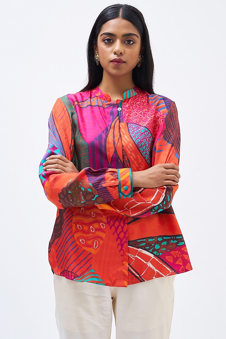 Multi-Colored Silk Twill Printed Shirt by Kshitij Jalori at Pernia's Pop Up Shop
