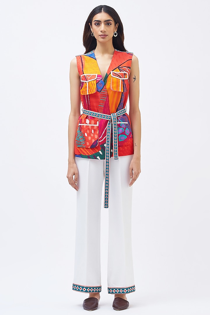 Multi-Colored & White Silk Twill Printed Pant Suit Set by Kshitij Jalori