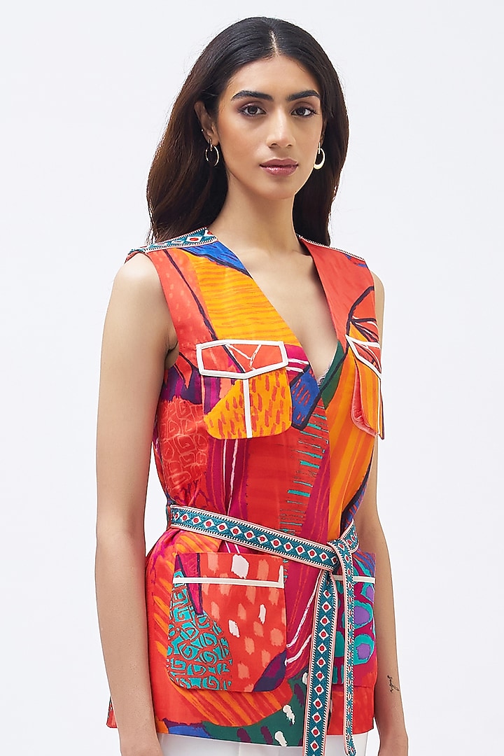 Multi-Colored & White Silk Twill Printed Pant Suit Set by Kshitij Jalori at Pernia's Pop Up Shop