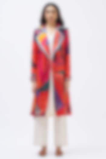 Multi-Colored Silk Twill Printed Trench Jacket by Kshitij Jalori