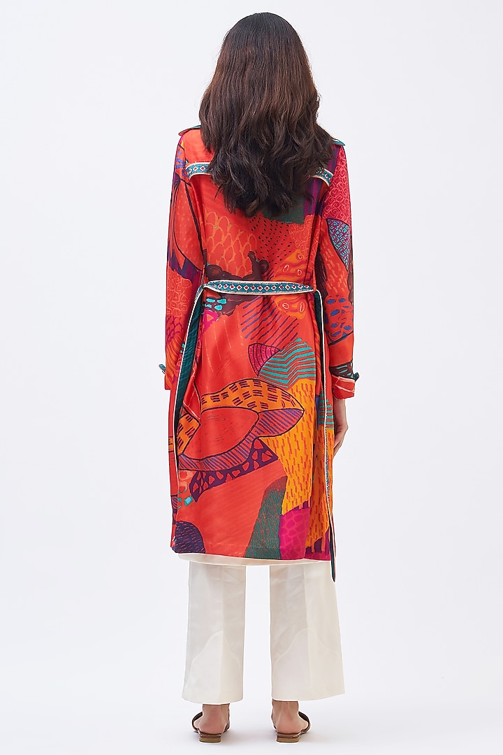 Multi-Colored Silk Twill Printed Trench Jacket by Kshitij Jalori at Pernia's Pop Up Shop