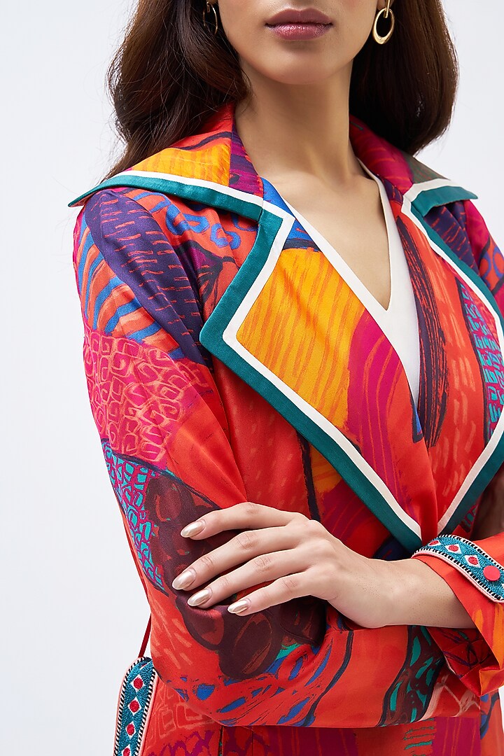 Multi-Colored Silk Twill Printed Trench Jacket by Kshitij Jalori at Pernia's Pop Up Shop