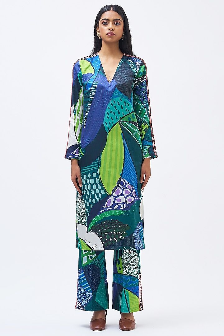 Multi-Colored Cotton Silk Satin Printed Kurta Set by Kshitij Jalori at Pernia's Pop Up Shop