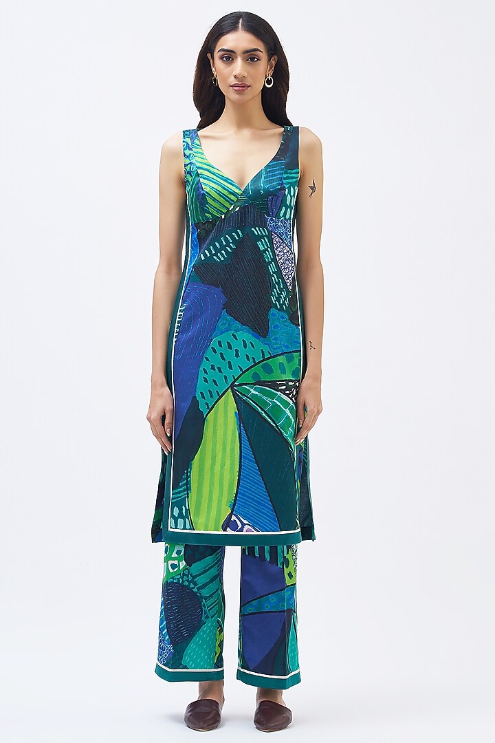 Forest Green Cotton Silk Satin Printed Kurta Set by Kshitij Jalori at Pernia's Pop Up Shop
