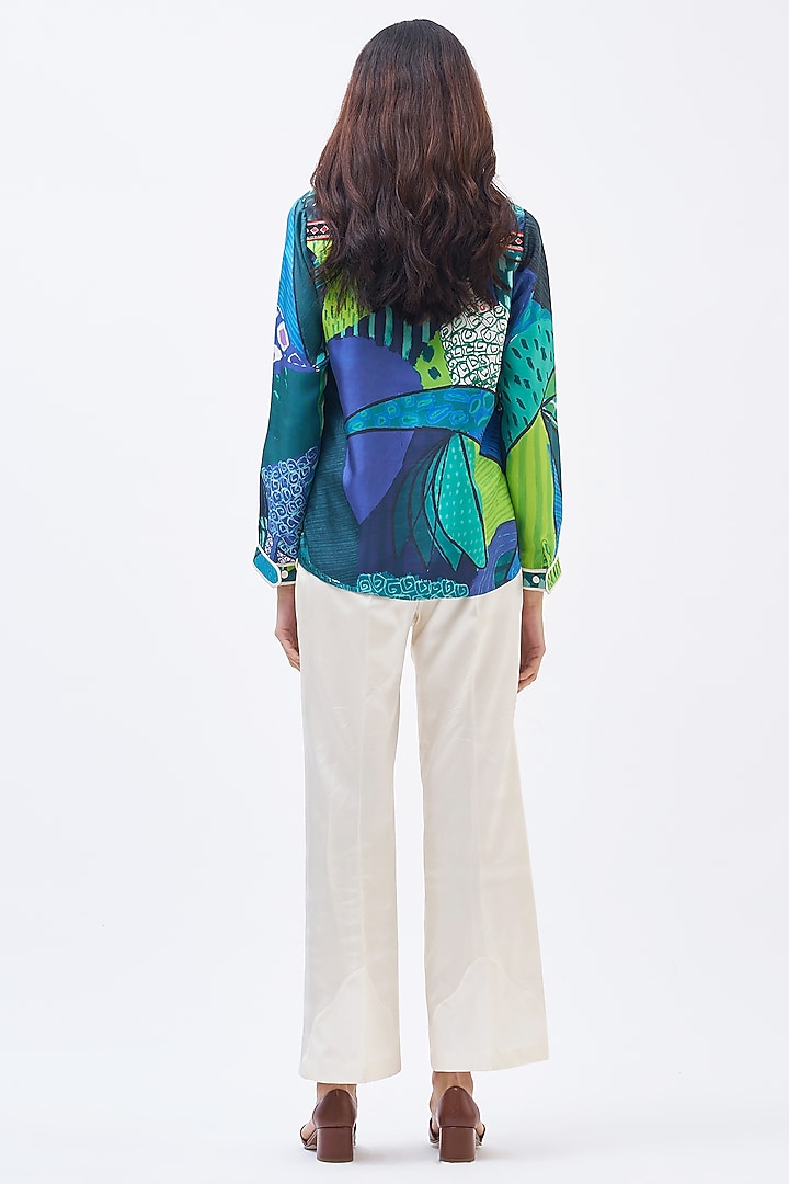 Forest Green Silk Twill Printed Shirt by Kshitij Jalori at Pernia's Pop Up Shop