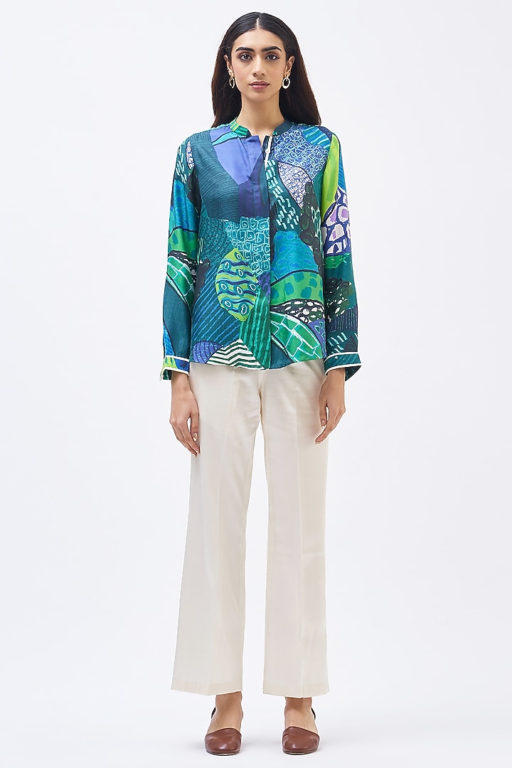 Forest Green Silk Twill Printed Shirt by Kshitij Jalori at Pernia's Pop Up Shop