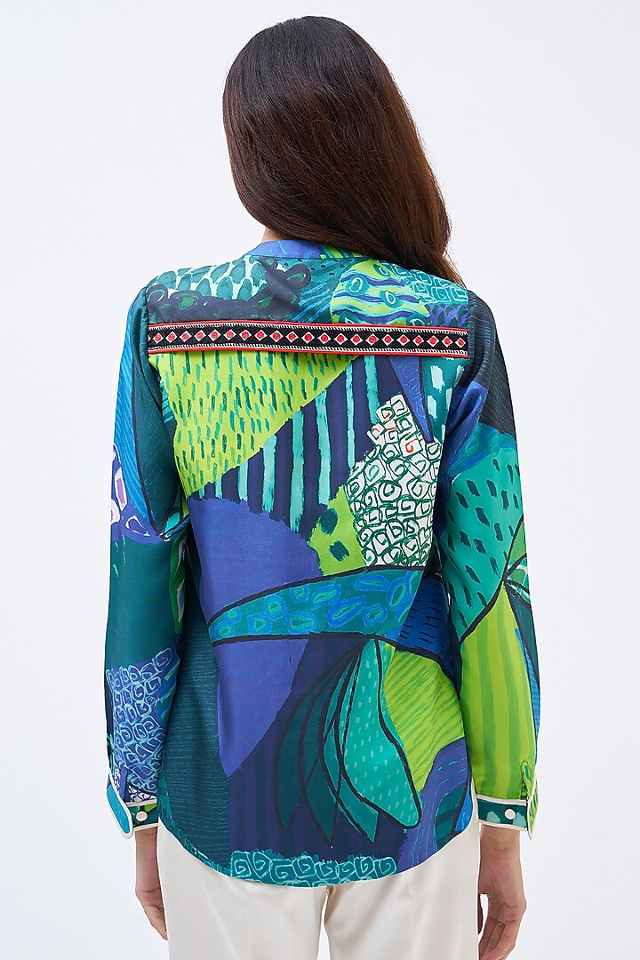 Forest Green Silk Twill Printed Shirt by Kshitij Jalori at Pernia's Pop Up Shop