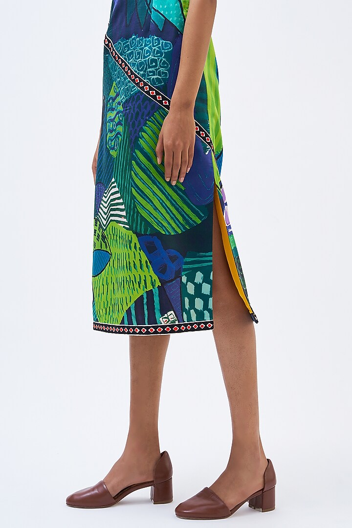 Forest Green Silk Satin Crepe Printed Vacation Dress by Kshitij Jalori at Pernia's Pop Up Shop