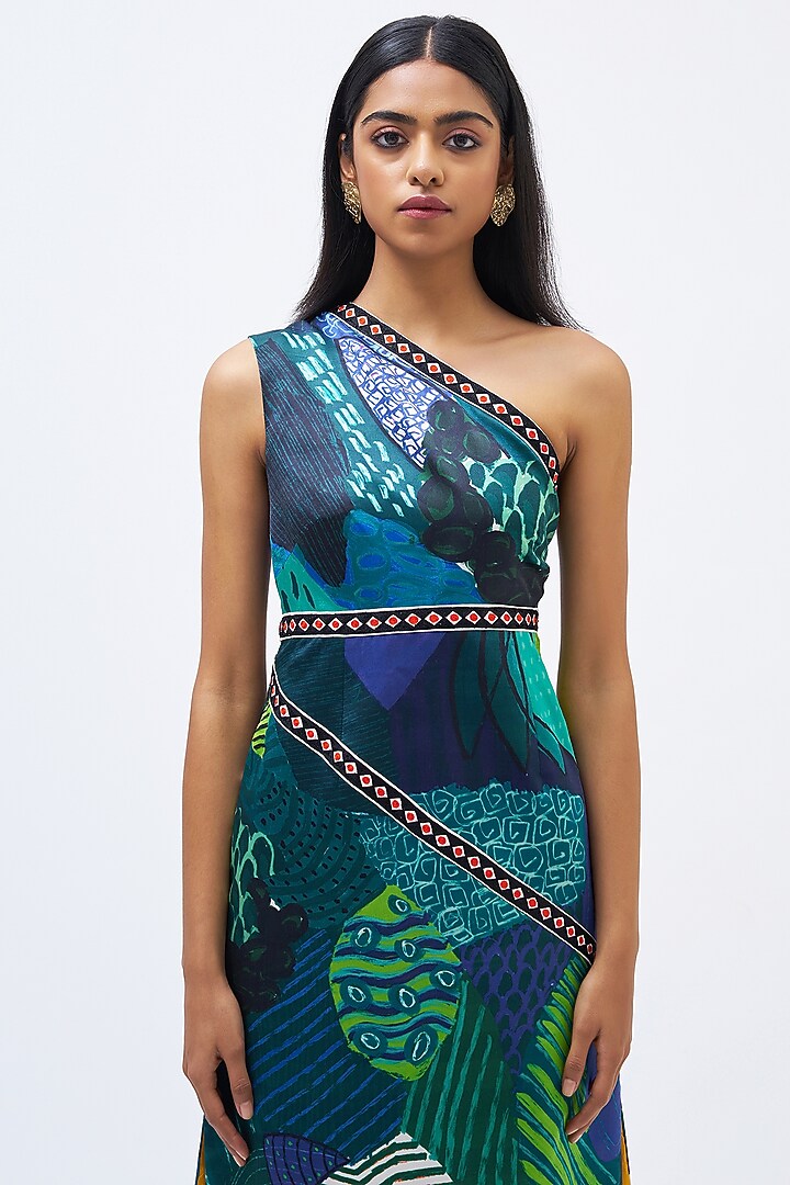 Forest Green Silk Satin Crepe Printed Vacation Dress by Kshitij Jalori at Pernia's Pop Up Shop