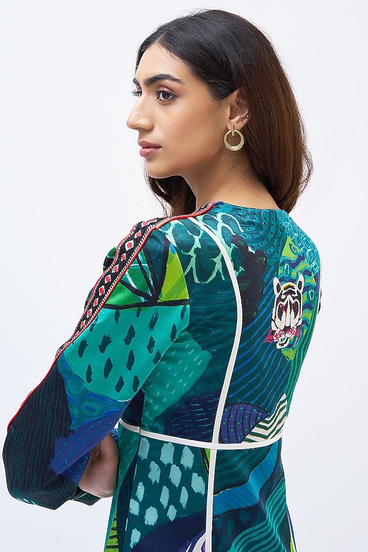 Forest Green Silk Satin Crepe Printed Cocktail Dress by Kshitij Jalori at Pernia's Pop Up Shop