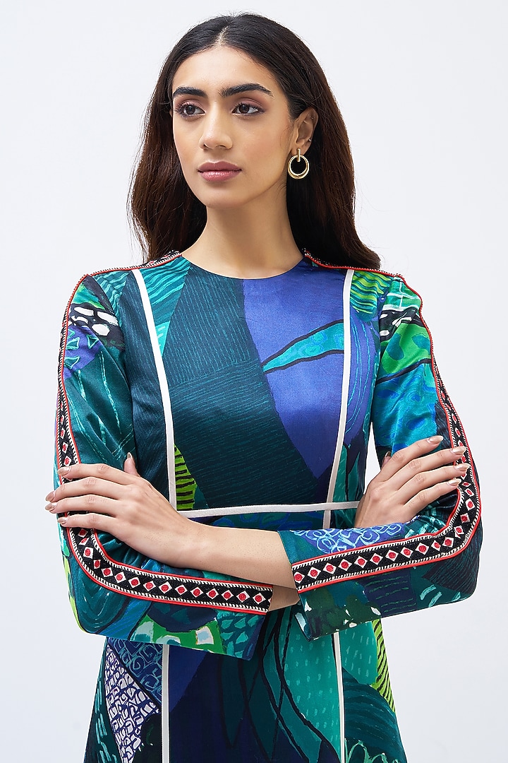 Forest Green Silk Satin Crepe Printed Cocktail Dress by Kshitij Jalori at Pernia's Pop Up Shop
