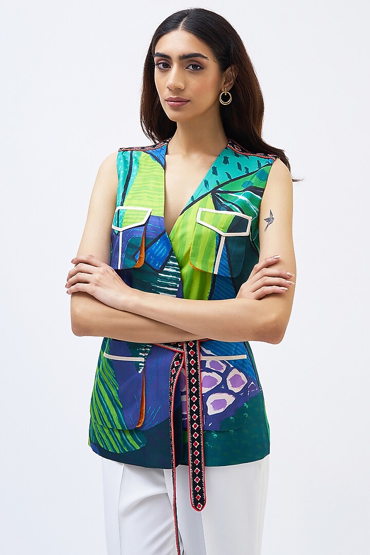Forest Green & White Silk Twill Printed Pant Suit Set by Kshitij Jalori at Pernia's Pop Up Shop