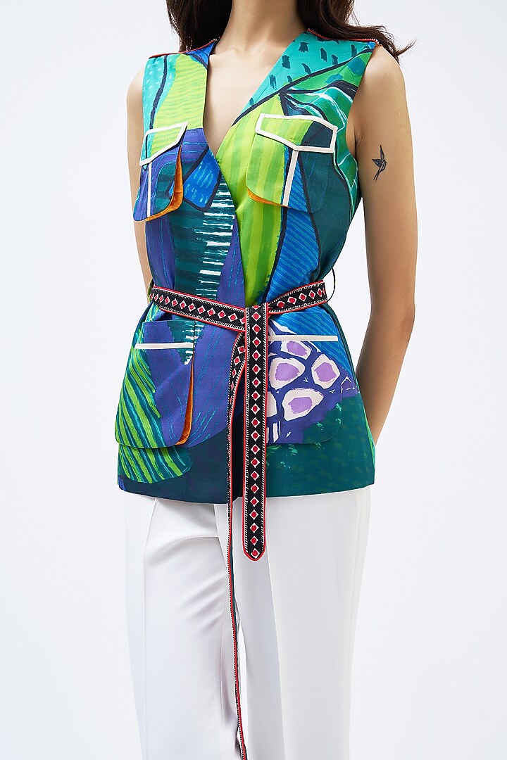 Forest Green & White Silk Twill Printed Pant Suit Set by Kshitij Jalori at Pernia's Pop Up Shop