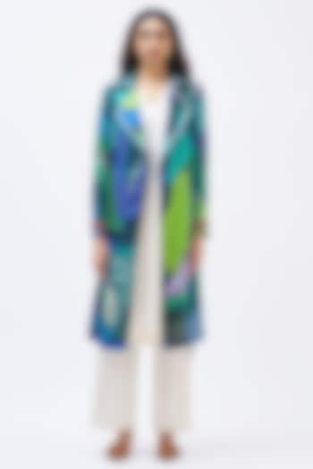 Forest Green Silk Twill Printed Trench Jacket by Kshitij Jalori