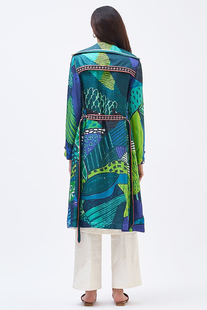 Forest Green Silk Twill Printed Trench Jacket by Kshitij Jalori at Pernia's Pop Up Shop