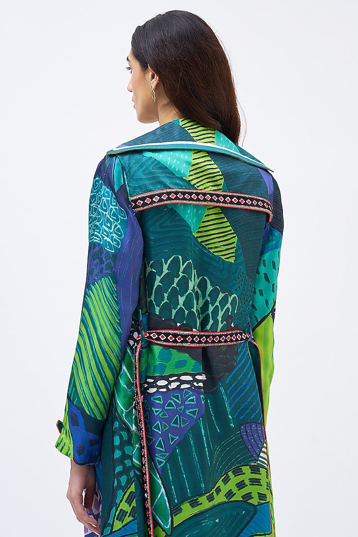 Forest Green Silk Twill Printed Trench Jacket by Kshitij Jalori at Pernia's Pop Up Shop