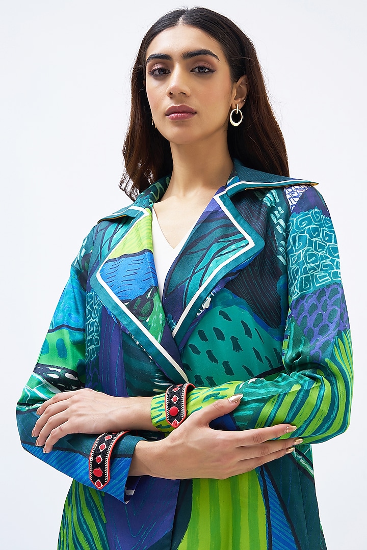 Forest Green Silk Twill Printed Trench Jacket by Kshitij Jalori at Pernia's Pop Up Shop