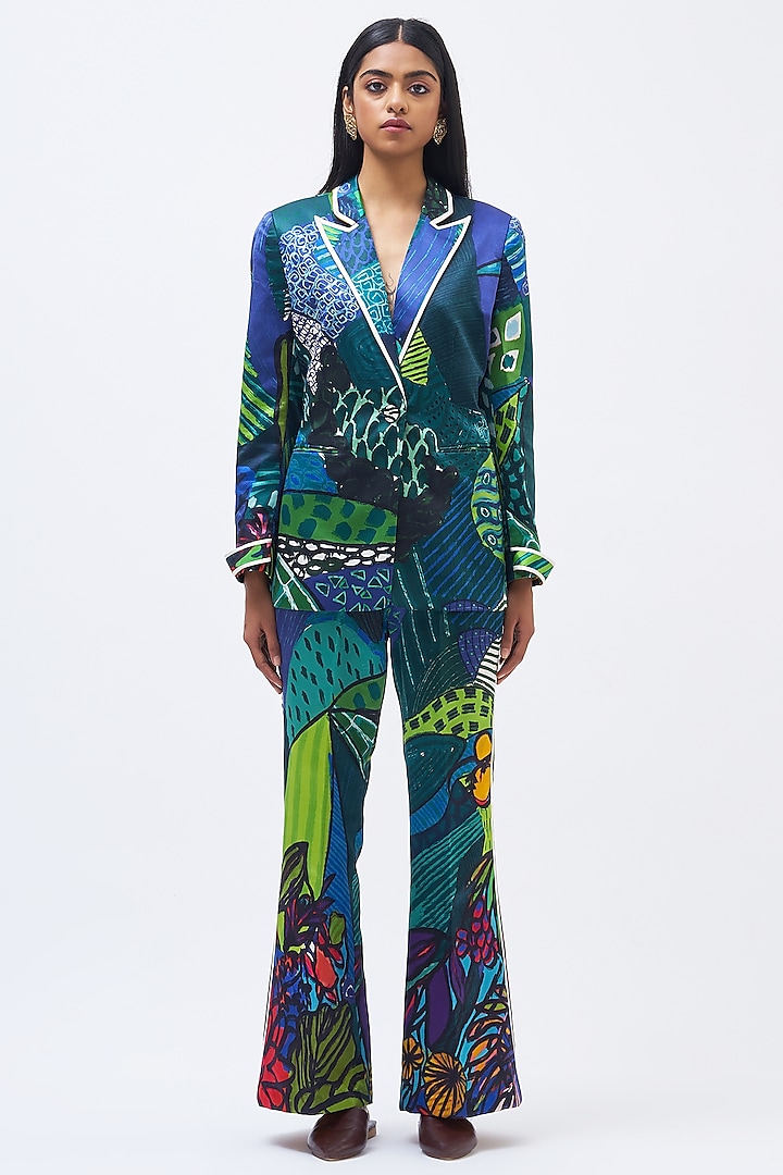 Multi-Colored Silk Satin Crepe Printed Pant Suit Set by Kshitij Jalori