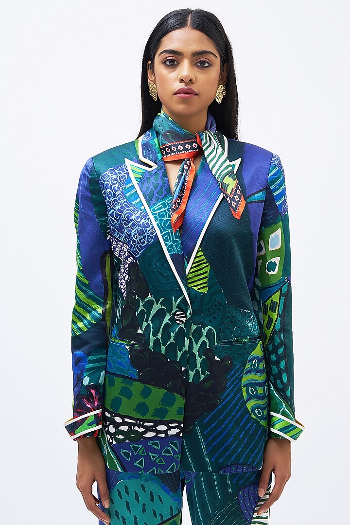 Multi-Colored Silk Satin Crepe Printed Pant Suit Set by Kshitij Jalori at Pernia's Pop Up Shop