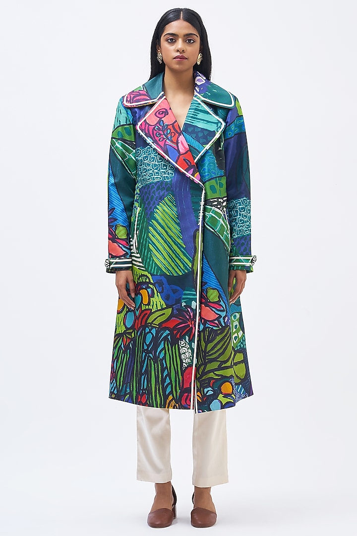 Multi-Colored Silk Twill Printed Trench Jacket by Kshitij Jalori