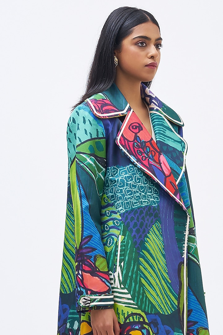 Multi-Colored Silk Twill Printed Trench Jacket by Kshitij Jalori at Pernia's Pop Up Shop