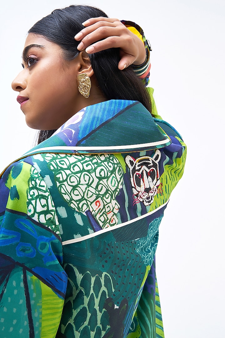 Multi-Colored Silk Twill Printed Trench Jacket by Kshitij Jalori at Pernia's Pop Up Shop