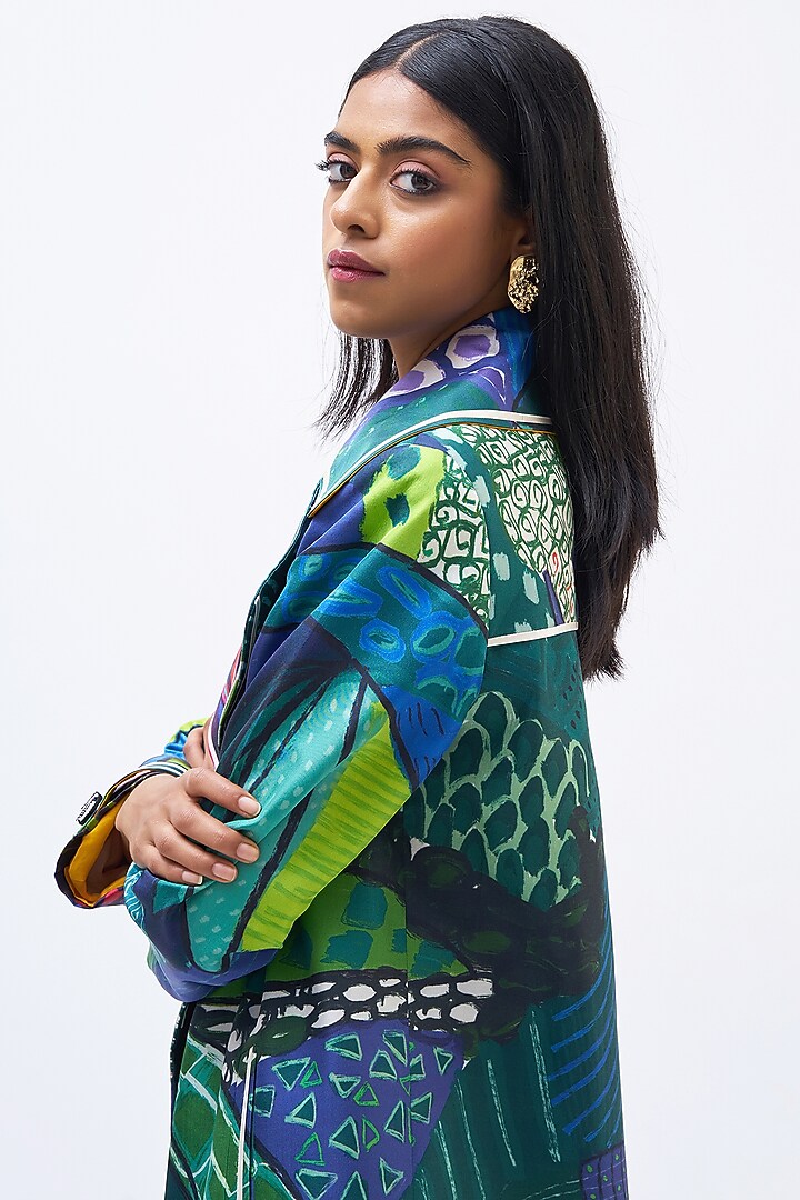 Multi-Colored Silk Twill Printed Trench Jacket by Kshitij Jalori at Pernia's Pop Up Shop