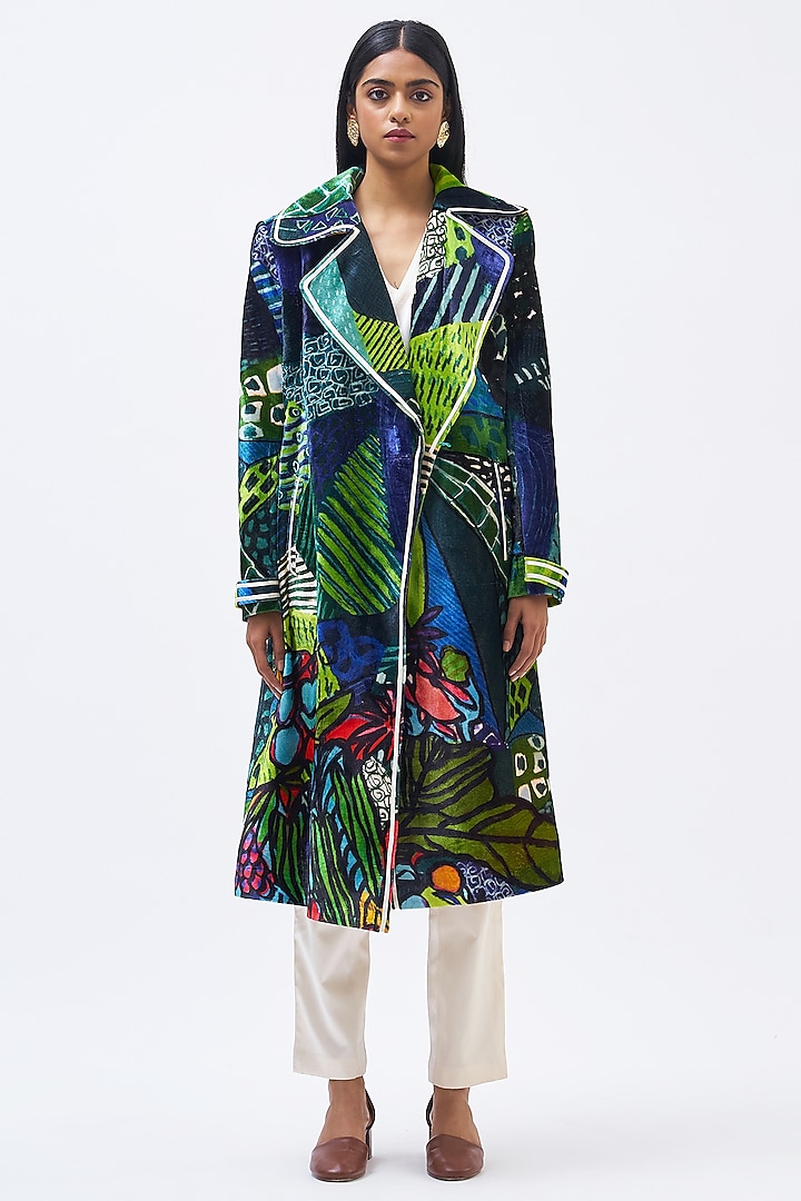 Multi-Colored Silk Velvet Printed Trench Jacket by Kshitij Jalori