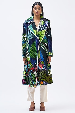 Multi-Colored Silk Velvet Printed Trench Jacket by Kshitij Jalori