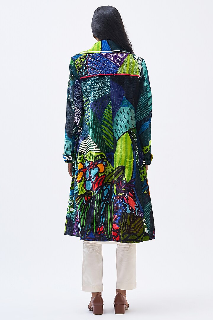 Multi-Colored Silk Velvet Printed Trench Jacket by Kshitij Jalori at Pernia's Pop Up Shop