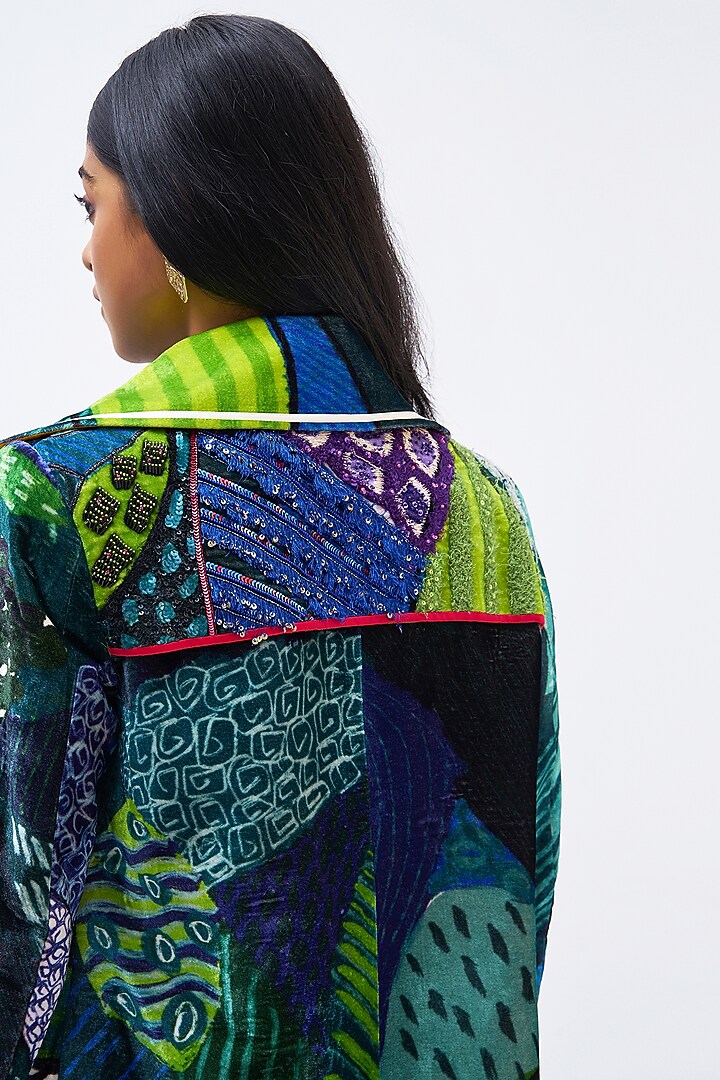 Multi-Colored Silk Velvet Printed Trench Jacket by Kshitij Jalori at Pernia's Pop Up Shop