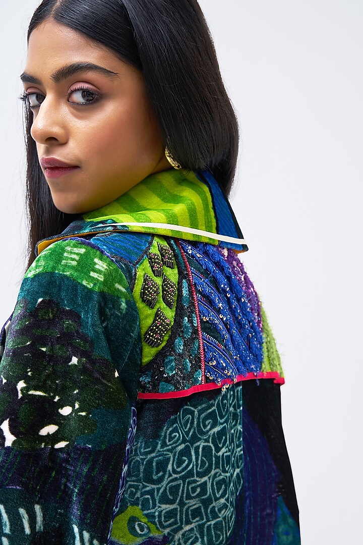 Multi-Colored Silk Velvet Printed Trench Jacket by Kshitij Jalori at Pernia's Pop Up Shop
