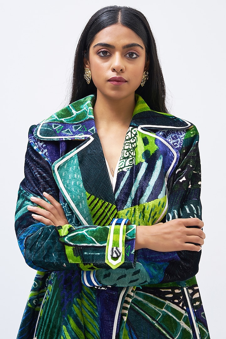 Multi-Colored Silk Velvet Printed Trench Jacket by Kshitij Jalori at Pernia's Pop Up Shop