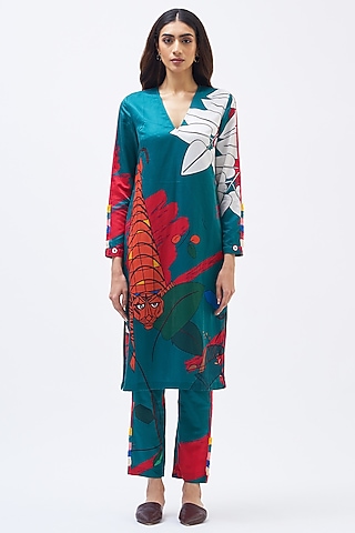 Teal Green Cotton Silk Satin Printed Kurta Set by Kshitij Jalori