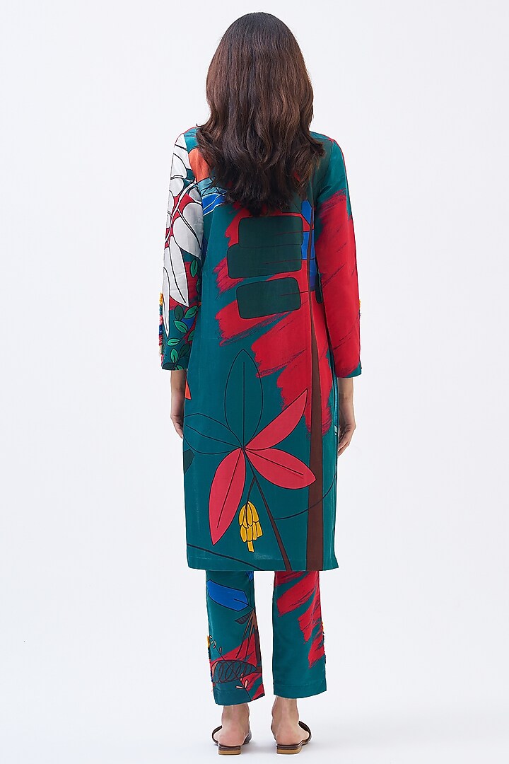 Teal Green Cotton Silk Satin Printed Kurta Set by Kshitij Jalori at Pernia's Pop Up Shop
