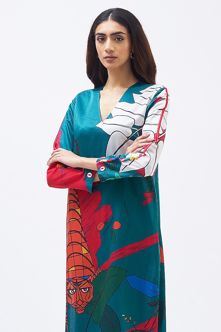 Teal Green Cotton Silk Satin Printed Kurta Set by Kshitij Jalori at Pernia's Pop Up Shop