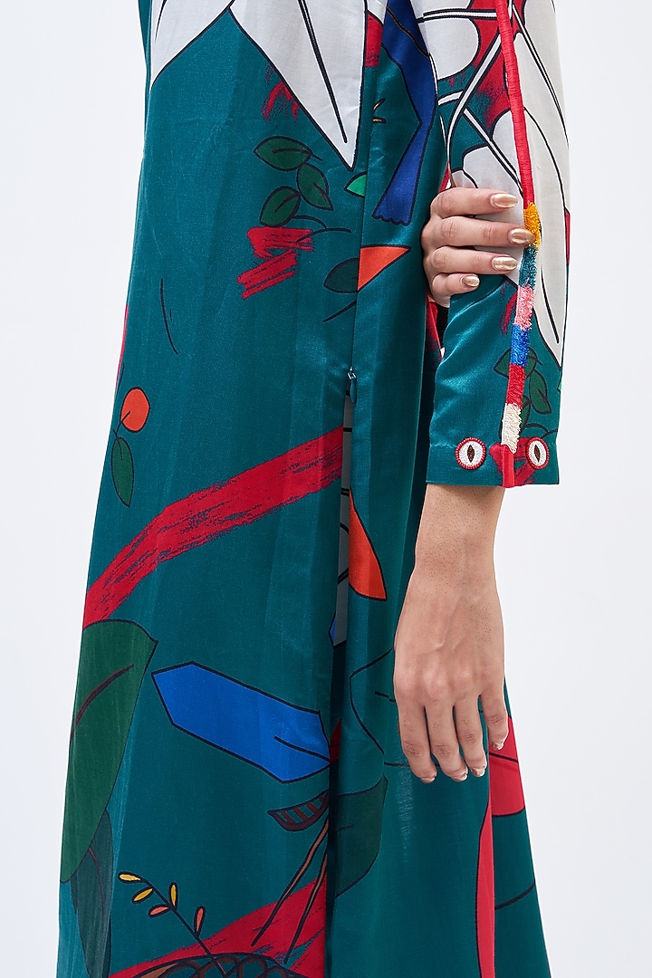 Teal Green Cotton Silk Satin Printed Kurta Set by Kshitij Jalori at Pernia's Pop Up Shop