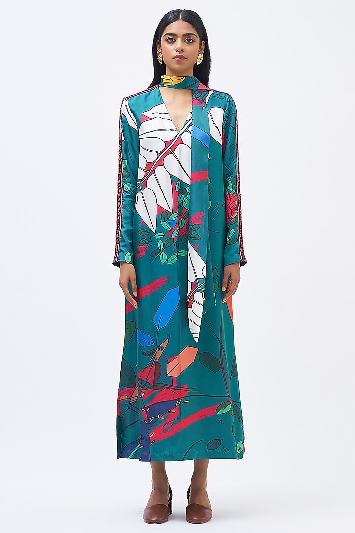 Emerald Silk Twill Kaftan Dress by Kshitij Jalori at Pernia's Pop Up Shop