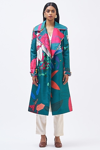 Emerald Silk Twill Trench Jacket by Kshitij Jalori