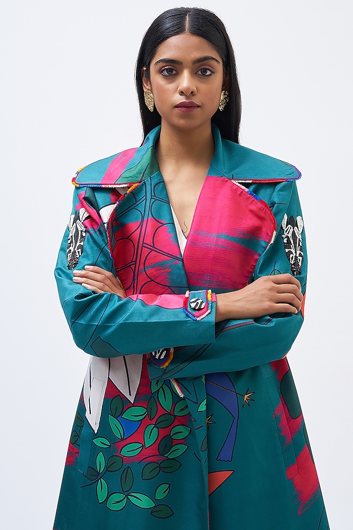 Emerald Silk Twill Trench Jacket by Kshitij Jalori at Pernia's Pop Up Shop
