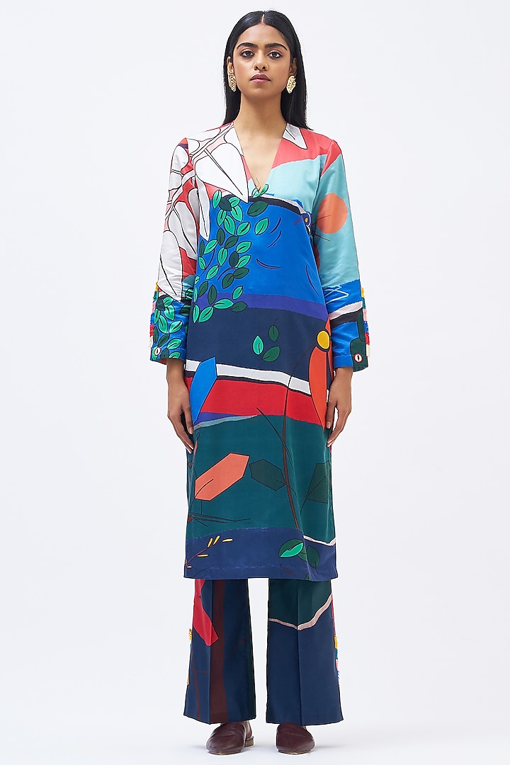 Multi-Colored Cotton Silk Satin Kurta Set by Kshitij Jalori at Pernia's Pop Up Shop