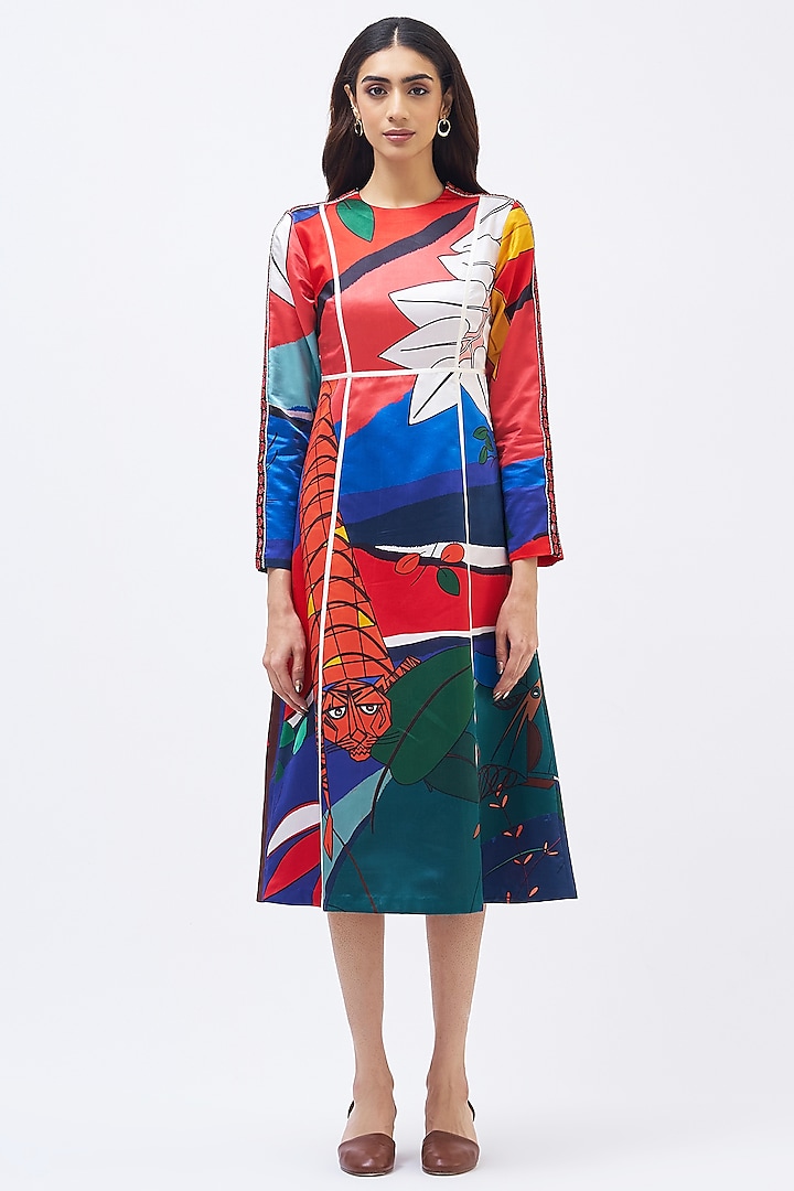 Multi-Colored Silk Satin Crepe Dress by Kshitij Jalori